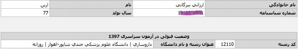 آرین ارزاني بيرگاني قبولی کنکور مشاوران 100